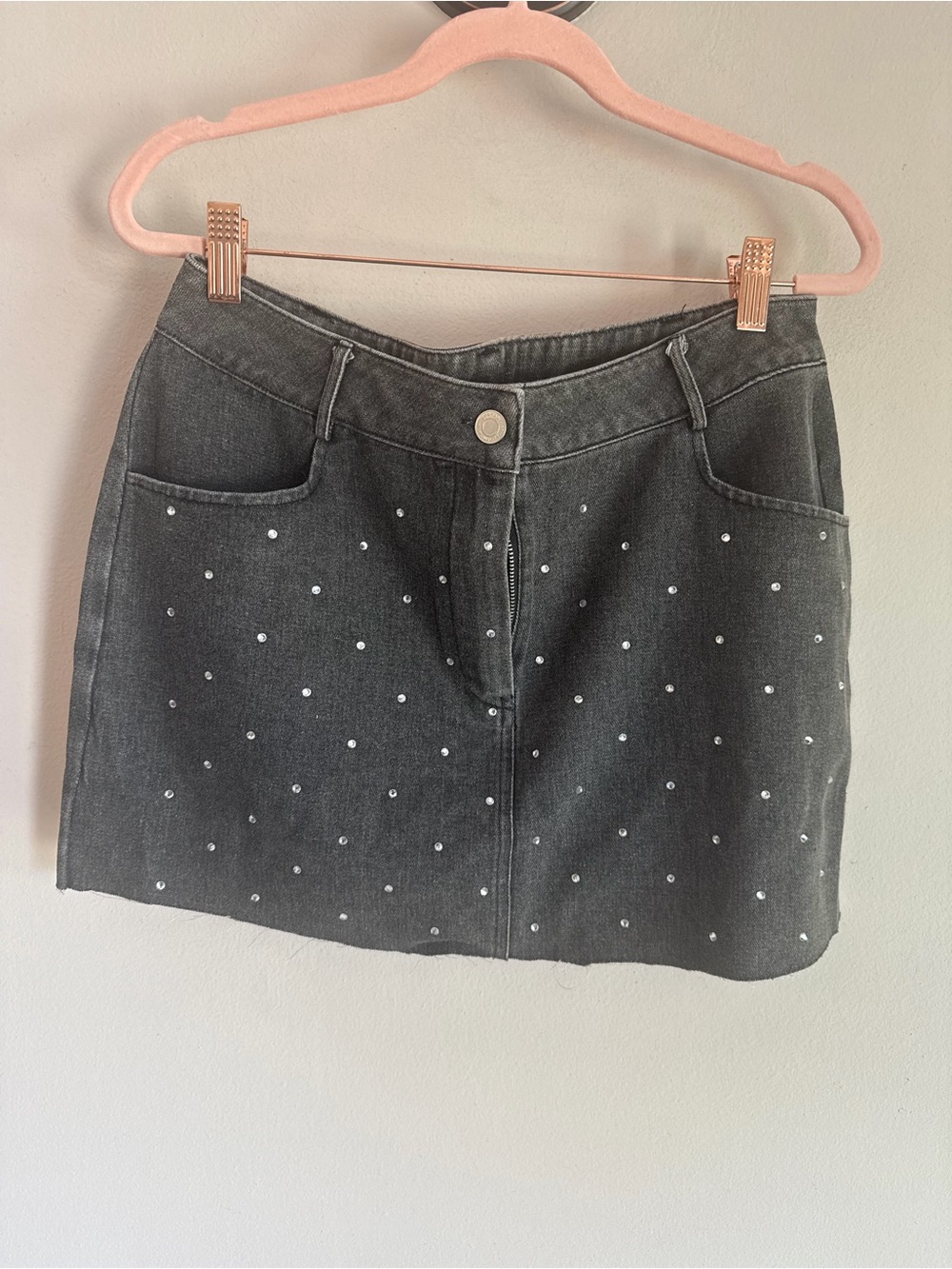 Lumiere Black Rhinestone Denim Mini Skirt Frayed Hem Size Large Sparkly Festival